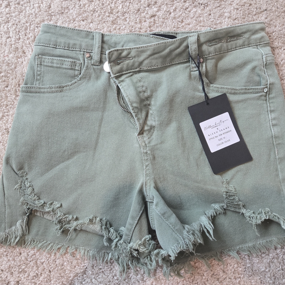 Olive Green Frayed Hem Jean Shorts